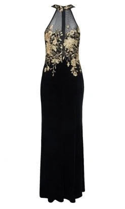 Formal Gowns Cachet - 59820 Gilt Floral Embroidered Illusion Halter Gown