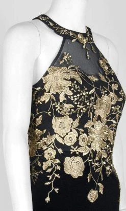 Formal Gowns Cachet - 59820 Gilt Floral Embroidered Illusion Halter Gown