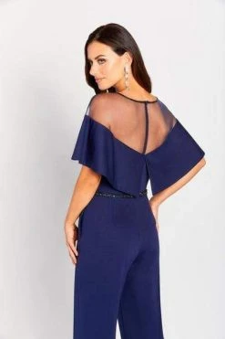 Cameron Blake By Mon Cheri - Beaded Illusion Neck Jumpsuit 119665 - 1 Pc Navy In Size 14 Available