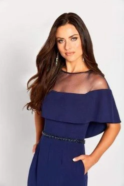 Cameron Blake By Mon Cheri - Beaded Illusion Neck Jumpsuit 119665 - 1 Pc Navy In Size 14 Available