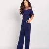 Cameron Blake By Mon Cheri - Beaded Illusion Neck Jumpsuit 119665 - 1 Pc Navy In Size 14 Available