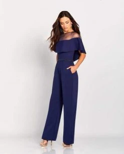 Cameron Blake By Mon Cheri - Beaded Illusion Neck Jumpsuit 119665 - 1 Pc Navy In Size 14 Available