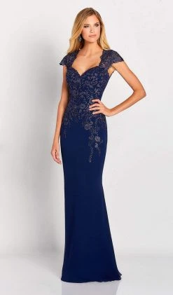 Cameron Blake By Mon Cheri Formal Gowns Cameron By Mon Cheri - Ornate Cap Sleeve Queen Anne Gown 119651 - 1 Pc Navy In Size 10 And 1 Pc Water In Size 18 Available