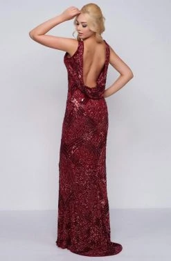 Cassandra Stone - 4436A V Neck Sequin Ornate Draped Back Evening Gown Formal Gowns