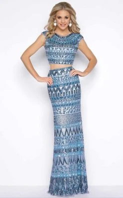 Cassandra Stone - 4515A Two Piece Aztec Sequined Sheath Gown