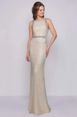 Cassandra Stone - 4709A Square Neck Drape Back Beaded Net Sheath Gown Formal Gowns