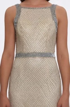 Cassandra Stone - 4709A Square Neck Drape Back Beaded Net Sheath Gown Formal Gowns