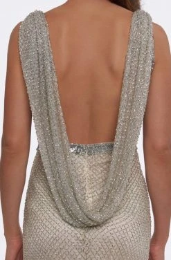 Cassandra Stone - 4709A Square Neck Drape Back Beaded Net Sheath Gown Formal Gowns