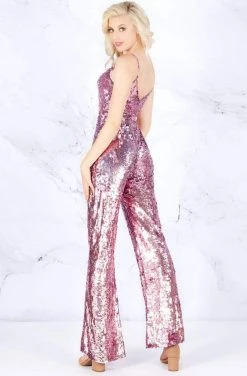 Plus Size Dresses Cassandra Stone - 4864A Allover Sequin V Neckline Jumpsuit