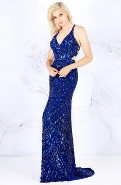 Formal Gowns Cassandra Stone - 4875A Cutout Strappy Back V Neck Sequin Gown