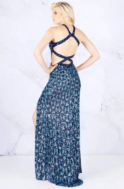 Cassandra Stone - 4933A Embellished Halter Dress With Strappy Back