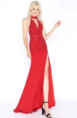Formal Gowns Cassandra Stone - 62974A Embellished High Halter Sheath Dress