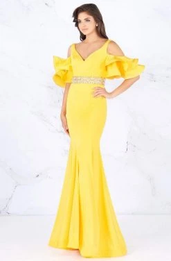 Cassandra Stone - 66857A Ruffle Accented Wide V-neck Mermaid Dress Formal Gowns