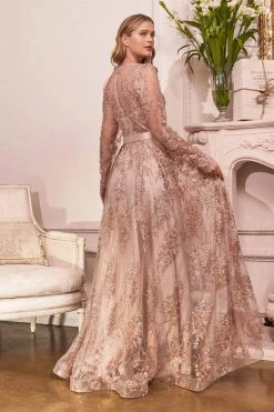 Cinderella Divine - CD233 Sheer Long Sleeve V-neck Evening Gown