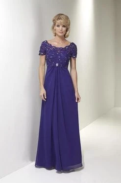 Formal Gowns Christina Wu Elegance - Short Sleeve Jeweled Lace Draped Gown 17769