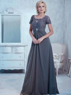 Formal Gowns Christina Wu Elegance - Short Sleeve Jeweled Lace Draped Gown 17769