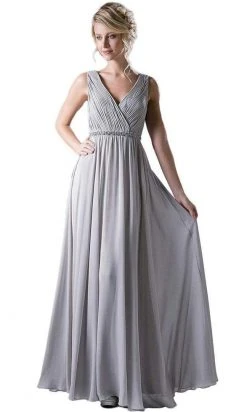 Formal Gowns Cinderella Divine - 1001 Beaded Belt Sleeveless V Neck Chiffon Empire Waist Dress - 1 Pc Silver In Size XL And 1 Pc Silver In Size 2X Available