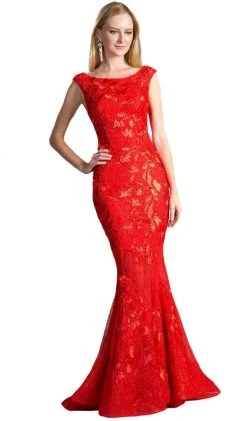 Formal Gowns Cinderella Divine - 5029 Cap Sleeve Bateau Neck Lace Mermaid Evening Gown