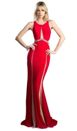 Formal Gowns Cinderella Divine - 62806 Peaked Illusion Paneled Cutout Long Gown