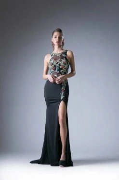 Formal Gowns Cinderella Divine - 6395 Floral Embroidered Illusion High Slit Gown 7 Formal Gowns Cinderella Divine - 6395 Floral Embroidered Illusion High Slit Gown