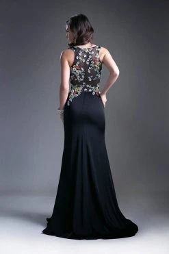 Formal Gowns Cinderella Divine - 6395 Floral Embroidered Illusion High Slit Gown