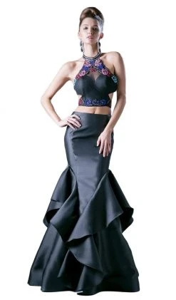 Cinderella Divine - 71477 Floral Embroidered Ruffled Mermaid Gown Formal Gowns