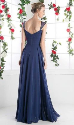 Cinderella Divine - 7461 Beaded Strap Pleated A-Line Chiffon Gown Formal Gowns