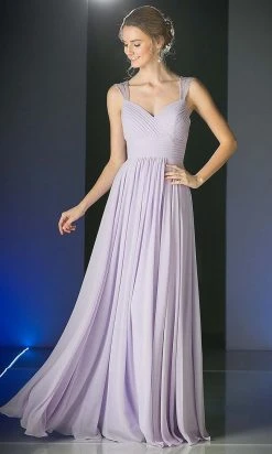 Cinderella Divine - 7461 Beaded Strap Pleated A-Line Chiffon Gown Formal Gowns