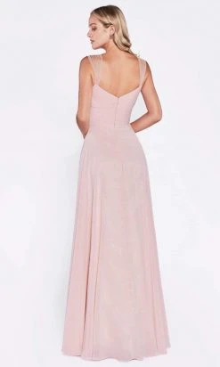 Cinderella Divine - 7461 Beaded Strap Pleated A-Line Chiffon Gown Formal Gowns