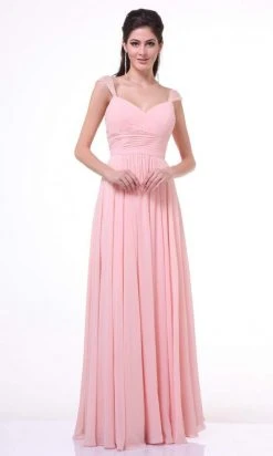 Cinderella Divine - 7461 Beaded Strap Pleated A-Line Chiffon Gown Formal Gowns