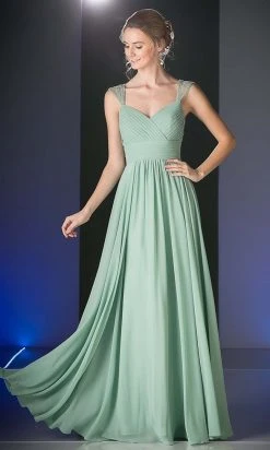 Cinderella Divine - 7461 Beaded Strap Pleated A-Line Chiffon Gown Formal Gowns