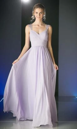 Cinderella Divine - 7461 Beaded Strap Pleated A-Line Chiffon Gown Formal Gowns