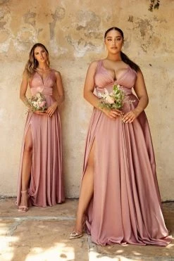 Cinderella Divine - 7469 Satin V-Neck A-Line Dress With Slit Formal Gowns