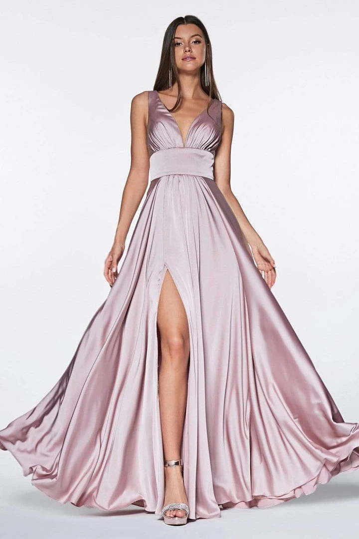 Formal Gowns Cinderella Divine - 7469 V Neck High Slit Satin Flowy A-Line Dress 3 Formal Gowns Cinderella Divine - 7469 V Neck High Slit Satin Flowy A-Line Dress