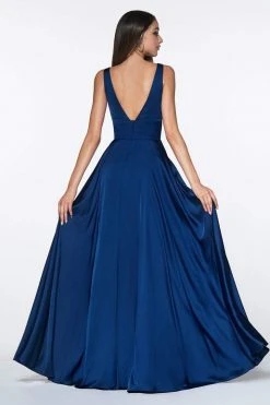 Formal Gowns Cinderella Divine - 7469 V Neck High Slit Satin Flowy A-Line Dress 19 Formal Gowns Cinderella Divine - 7469 V Neck High Slit Satin Flowy A-Line Dress