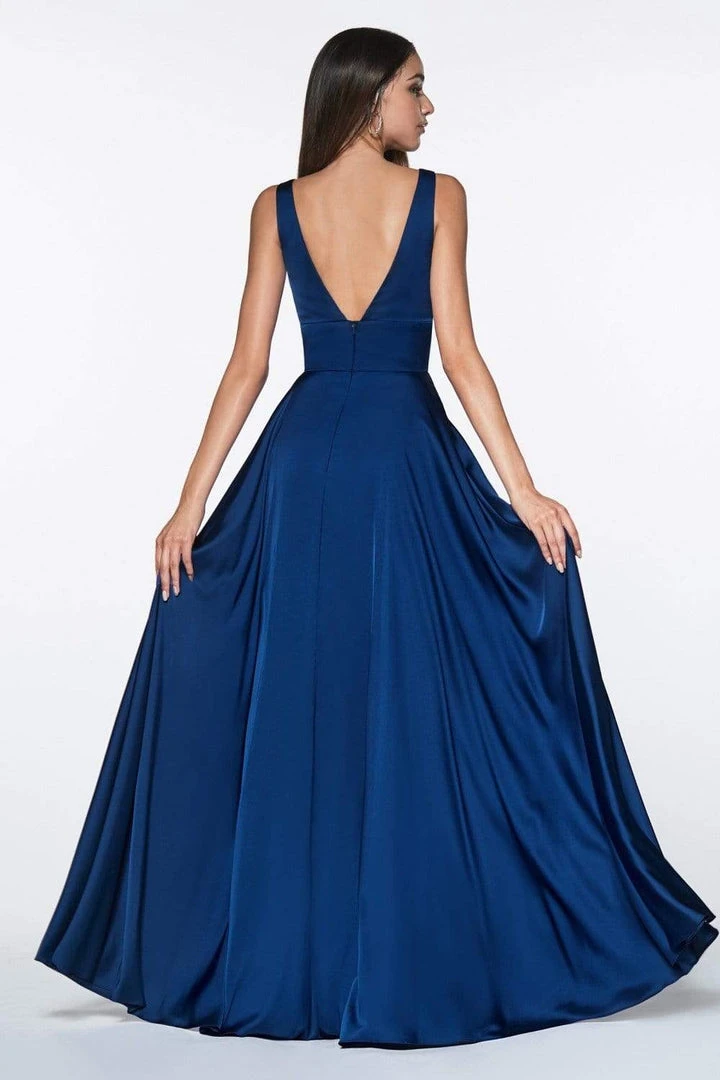 Formal Gowns Cinderella Divine - 7469 V Neck High Slit Satin Flowy A-Line Dress 6 Formal Gowns Cinderella Divine - 7469 V Neck High Slit Satin Flowy A-Line Dress