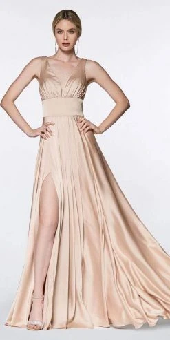 Formal Gowns Cinderella Divine - 7469 V Neck High Slit Satin Flowy A-Line Dress 20 Formal Gowns Cinderella Divine - 7469 V Neck High Slit Satin Flowy A-Line Dress