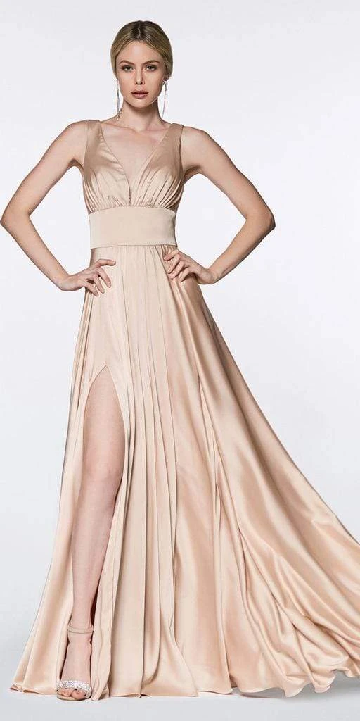 Formal Gowns Cinderella Divine - 7469 V Neck High Slit Satin Flowy A-Line Dress 7 Formal Gowns Cinderella Divine - 7469 V Neck High Slit Satin Flowy A-Line Dress
