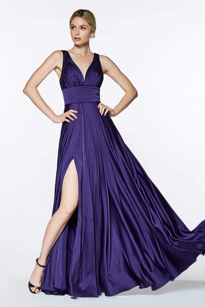 Formal Gowns Cinderella Divine - 7469 V Neck High Slit Satin Flowy A-Line Dress 8 Formal Gowns Cinderella Divine - 7469 V Neck High Slit Satin Flowy A-Line Dress