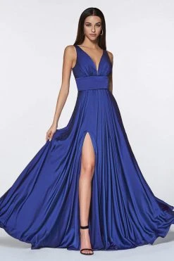 Formal Gowns Cinderella Divine - 7469 V Neck High Slit Satin Flowy A-Line Dress 25 Formal Gowns Cinderella Divine - 7469 V Neck High Slit Satin Flowy A-Line Dress