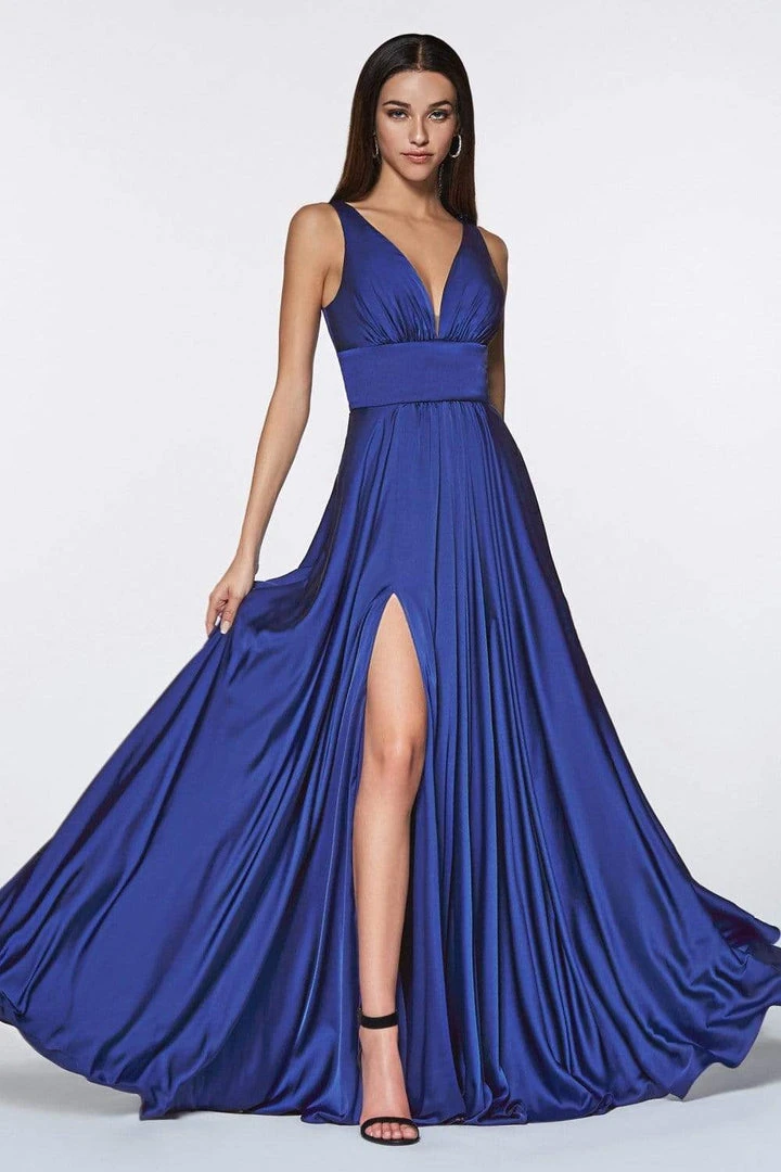 Formal Gowns Cinderella Divine - 7469 V Neck High Slit Satin Flowy A-Line Dress 12 Formal Gowns Cinderella Divine - 7469 V Neck High Slit Satin Flowy A-Line Dress