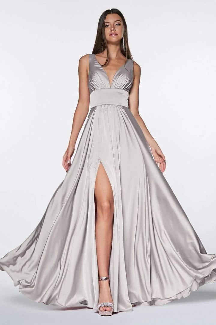 Formal Gowns Cinderella Divine - 7469 V Neck High Slit Satin Flowy A-Line Dress 13 Formal Gowns Cinderella Divine - 7469 V Neck High Slit Satin Flowy A-Line Dress