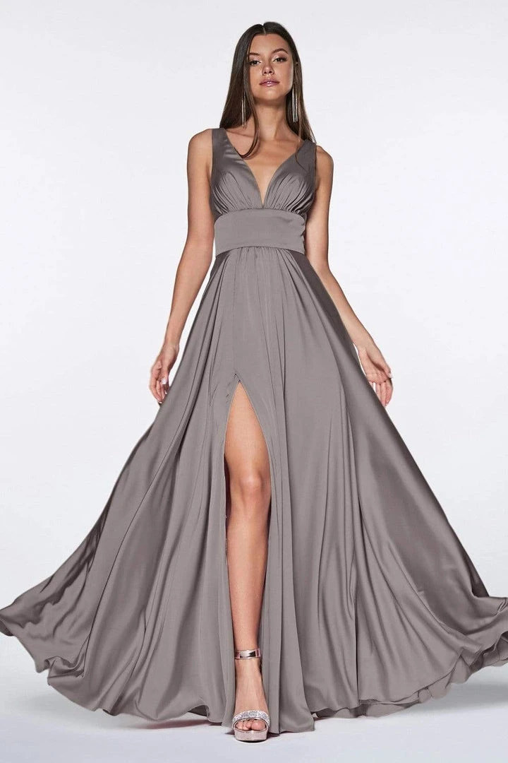 Formal Gowns Cinderella Divine - 7469 V Neck High Slit Satin Flowy A-Line Dress 14 Formal Gowns Cinderella Divine - 7469 V Neck High Slit Satin Flowy A-Line Dress