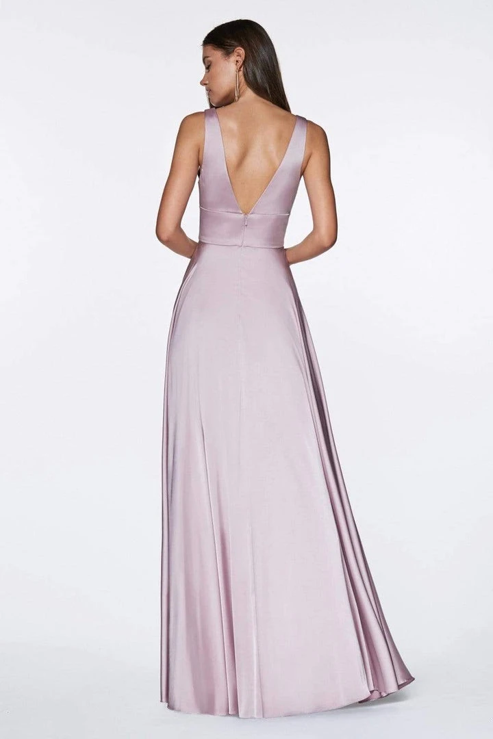 Formal Gowns Cinderella Divine - 7469 V Neck High Slit Satin Flowy A-Line Dress 4 Formal Gowns Cinderella Divine - 7469 V Neck High Slit Satin Flowy A-Line Dress
