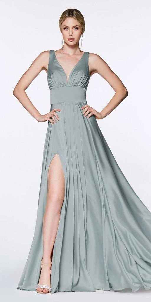 Formal Gowns Cinderella Divine - 7469 V Neck High Slit Satin Flowy A-Line Dress 9 Formal Gowns Cinderella Divine - 7469 V Neck High Slit Satin Flowy A-Line Dress