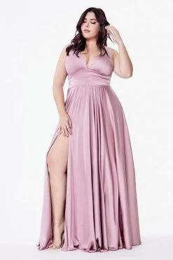 Formal Gowns Cinderella Divine - 7469 V Neck High Slit Satin Flowy A-Line Dress 18 Formal Gowns Cinderella Divine - 7469 V Neck High Slit Satin Flowy A-Line Dress