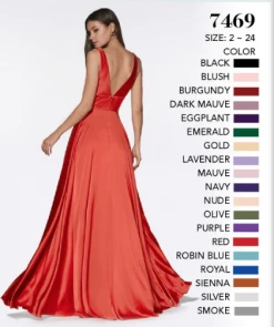 Formal Gowns Cinderella Divine - 7469 V Neck High Slit Satin Flowy A-Line Dress 29 Formal Gowns Cinderella Divine - 7469 V Neck High Slit Satin Flowy A-Line Dress