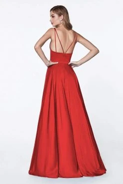 Cinderella Divine - 7472 Spaghetti Straps V Neck Wrap Satin Gown