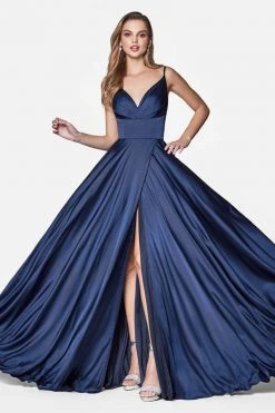 Cinderella Divine - 7472 Spaghetti Straps V Neck Wrap Satin Gown
