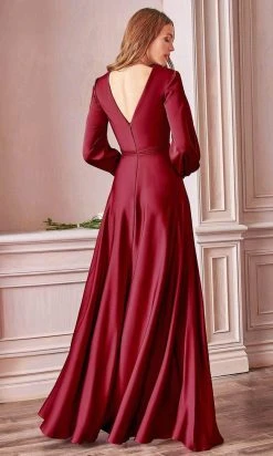 Formal Gowns Cinderella Divine - 7475C Plunging V Neck High Slit Long Evening Dress